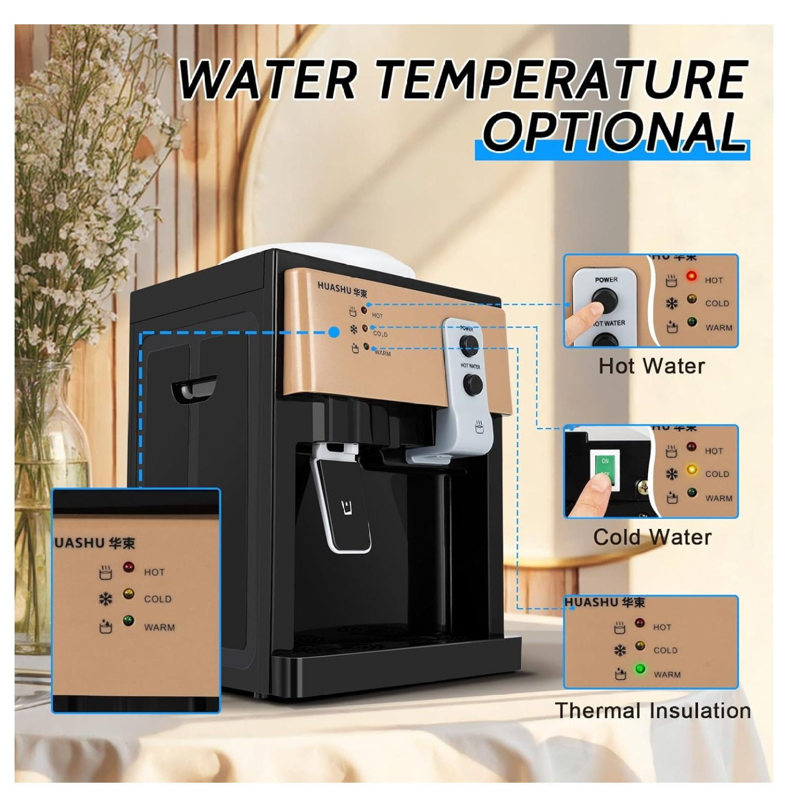 5 Gallon Water Dispenser, Top Loading Hot Cold Water Dispenser for 1.2 to 5 Gallon Bottle, Practiacal Freestanding Countertop Water Cooler with 3 Temperature Setting for Home, Office, and School