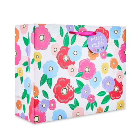 Mother's Day Multicolor Floral Gift Bag by Way To Celebrate, Paper, Iridescent Glitter, Large Vogue Size, Pink, Blue, Green, Bag, Tag, Tissue