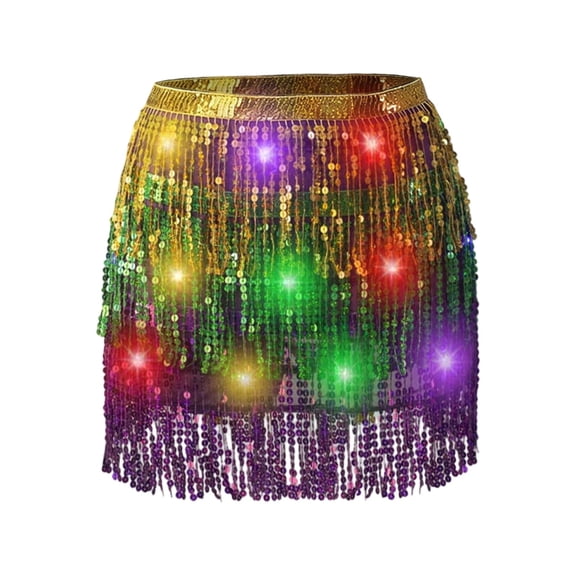 DHFJKG Women's LED Light Up Skirts Belly Dance Sequined Tassels Performance Stage Mini Skirt Trendy Skirt