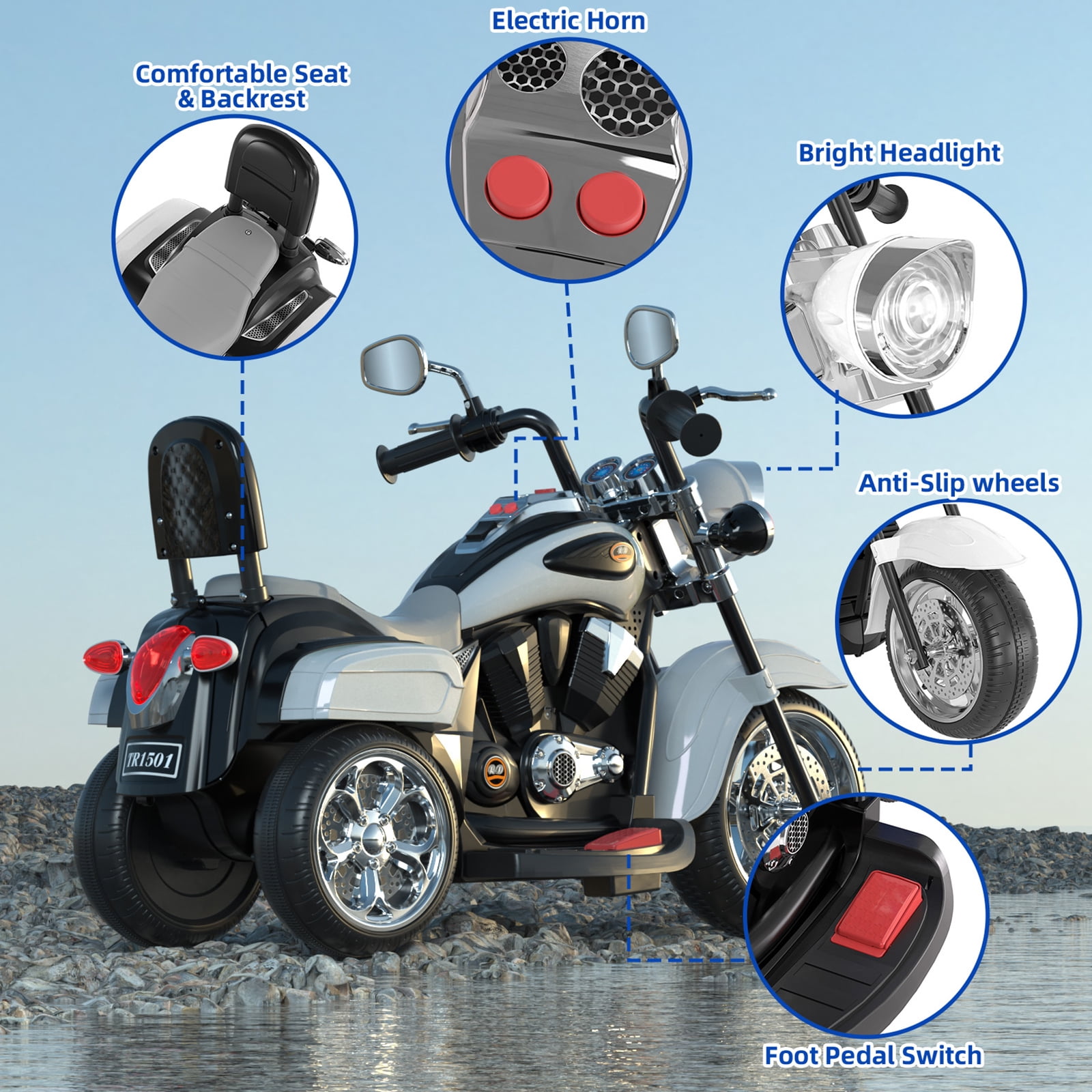 XJD Kids Electric Motorcycle, 6V Battery Powered Ride on Chopper Motorcycle with Horn, Headlights, 3 Wheels Electric Motorcycle for Children, White