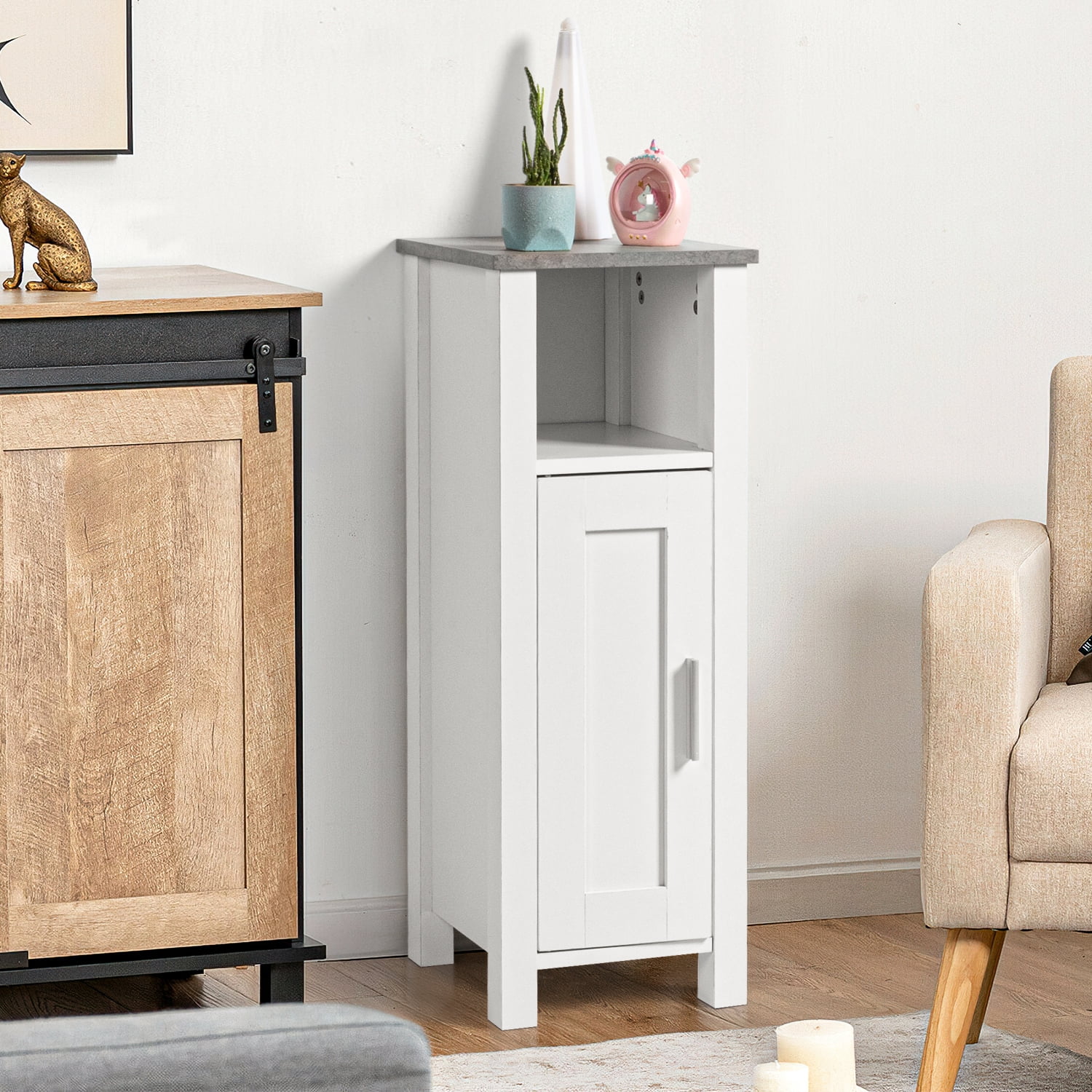 Kadyn Small Bathroom Storage Cabinet , Linen Tower Freestanding Cabinet with 1 Door, Tall Narrow Bathroom Kitchen Living Room Storage, White Kadyn Small Bathroom Storage Cabinet , Linen Tower Freestanding Cabinet with 1 Door, Tall Narrow Bathroom Kitchen Living Room Storage, White
