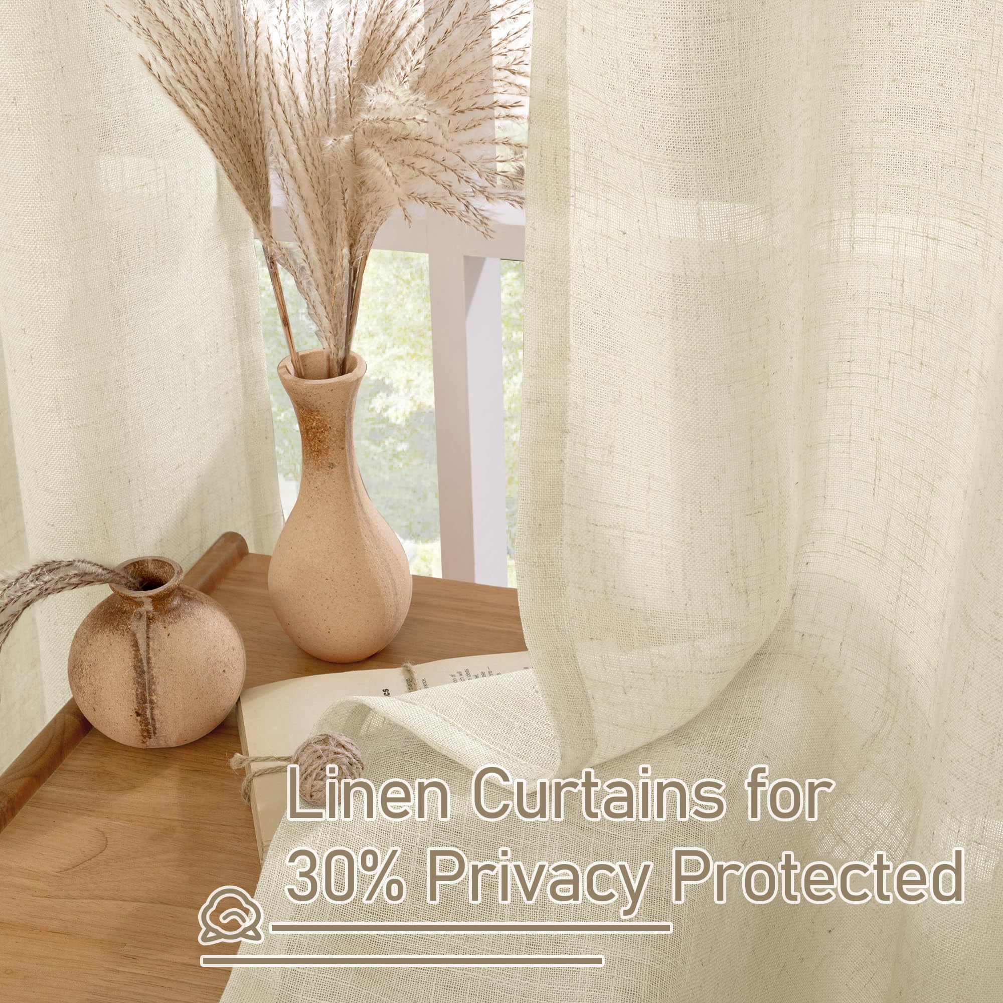 Sheer Linen Curtains 84 Inches Long Light Filtering Boho Window Treatments Semi Sheer Neutral Drapes with Bronze Grommet for Living Room and Bedroom 2 Panels Set