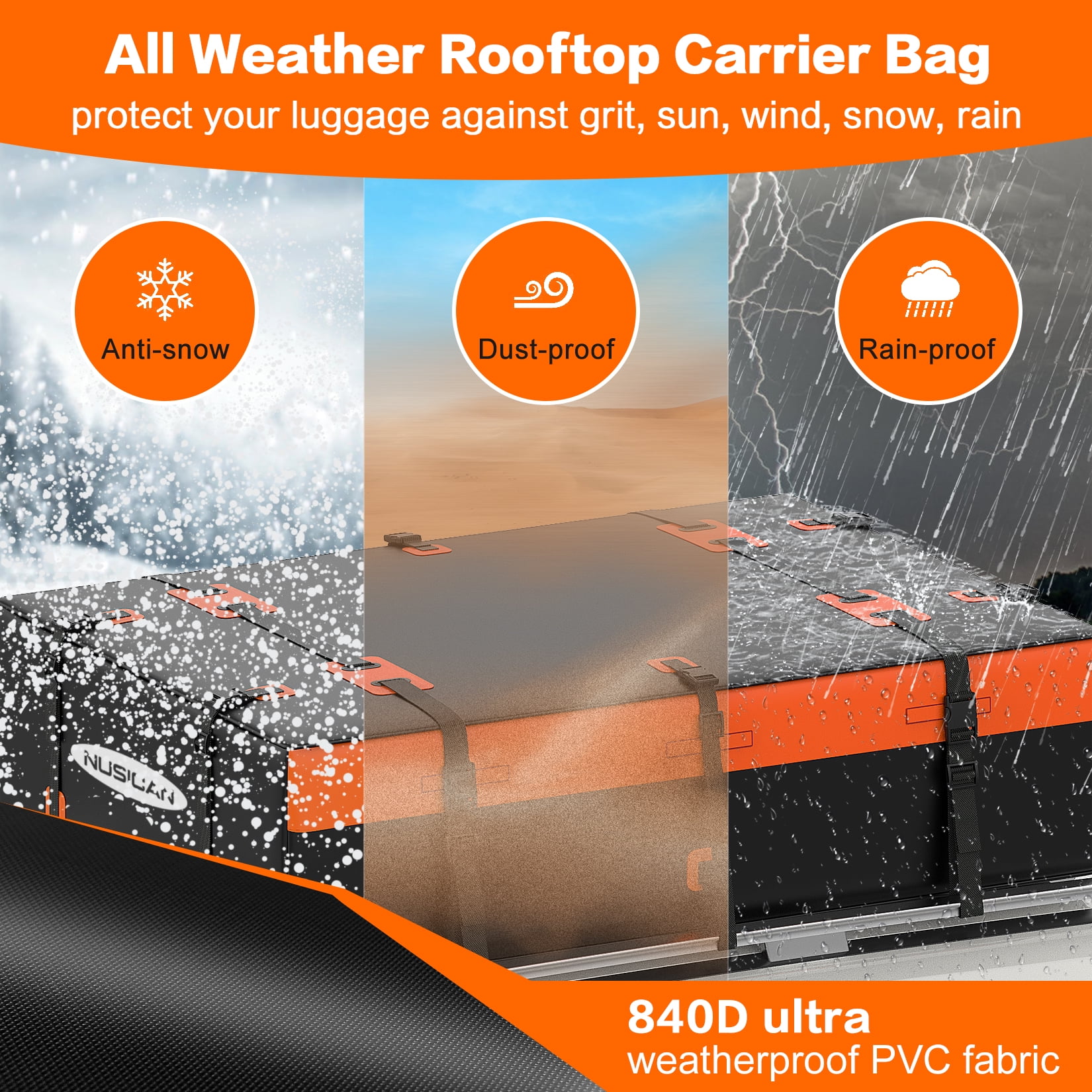 Car Rooftop Cargo Carrier Bag NUSICAN 21 Cubic Feet Waterproof Rooftop Luggage Bag for All Vehicles with/Without Racks 6 Door Hooks Included with Storage Bag&Anti-Slip Mat Anti-Tear 840D PVC 