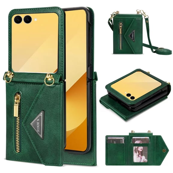 Mantto for Samsung Galaxy Z Flip 5 Back Zipper Wallet Case with Detachable Shoulder Strap,Luxury Metal Buckle Card Slots Shockproof Premium PU Leather Stand Crossbody Phone Case for Women Men,Mint