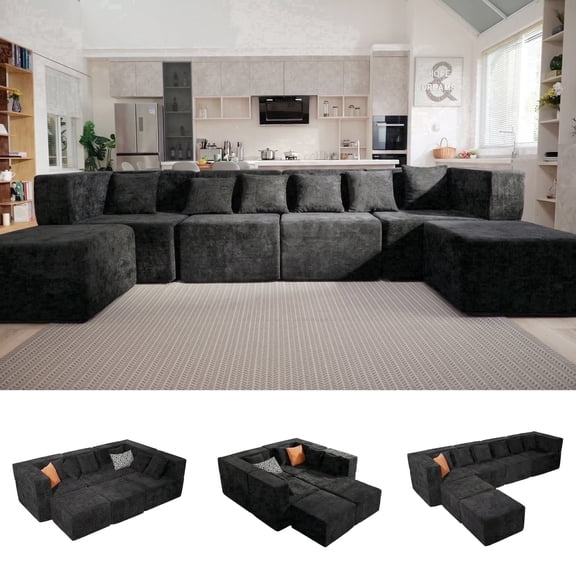 BEHOST 130" 6-Piece Modular Sectional Sofa with 2 Movable Ottomans, U-Shaped Cloud Couch for Living Room, Modern Chenille Deep Seat Sofa Set, Flexible Oversized Sleeper Couches, Black