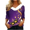 thumbnail image 2 of UPPADA Femmes T-Shirts à Manches 3/4 Mardi Gras Yall T-Shirts à Imprimé Floral Col Rond Blouse à devant Plissé Hauts d'Été Décontractés Chandail à Enfiler Haut Mode Fête Défilé Hauts pour Femmes Hauts à Manches 3/4 Économie, 2 of 5