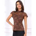 thumbnail image 2 of DARING DIVA Women's Lace Floral Short Sleeve Sheer Blouse L Brown, 2 of 6
