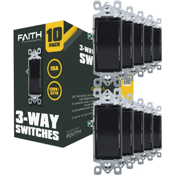 Faith [10-Pack] 3-Way Decorator Paddle Wall Light Switch, 15A 120/277V, On/Off Rocker, Black