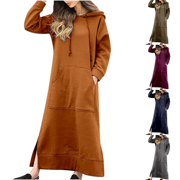 HAPIMO Women's Maxi Hooded Dress Long Sweatshirt Tops with Pocket Solid Color Long Sleeve Trendy Girls Crew Neck Spring Elegant Casual Playwear Outwear Army Green L