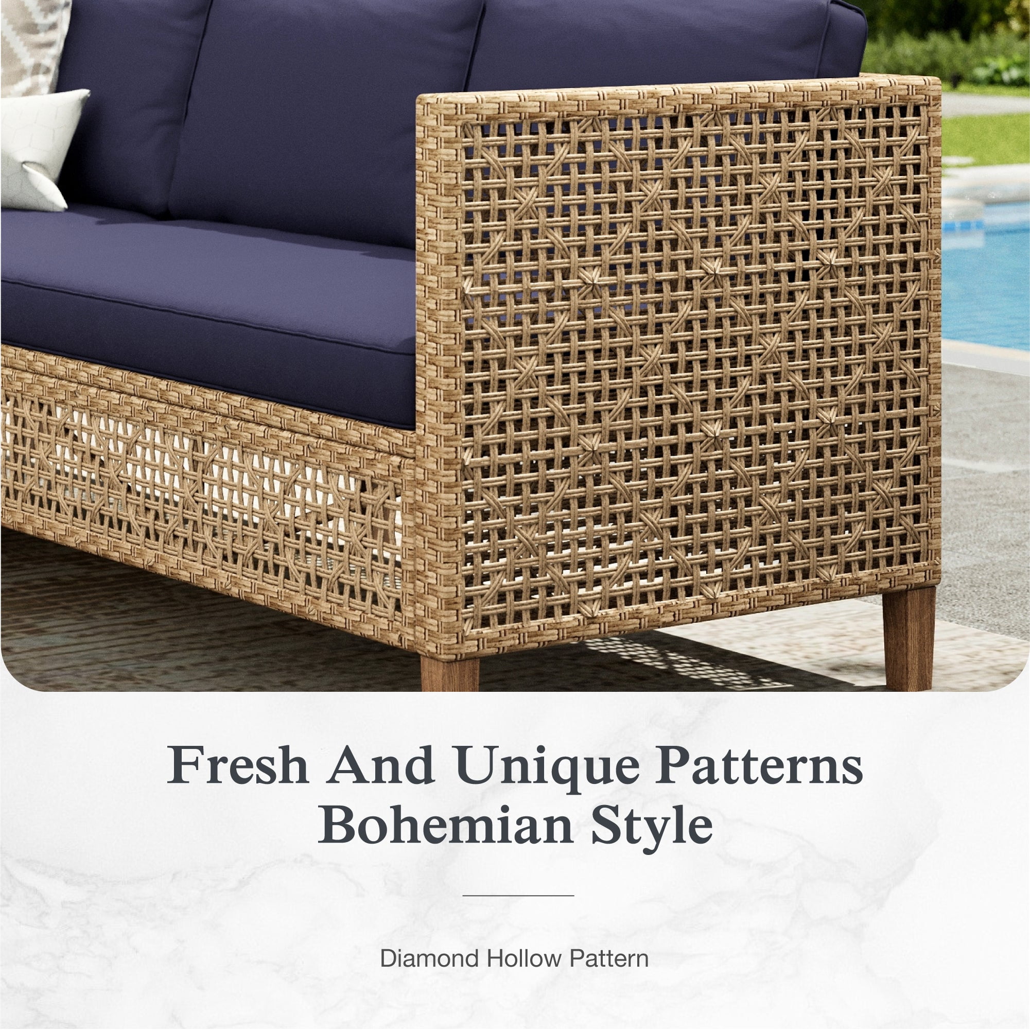 Alpha Joy 3 Pieces Wicker Patio Furniture Conversation Set Boho Style Outdoor Sofa with Coffee Table and Navy Blue Cuchions