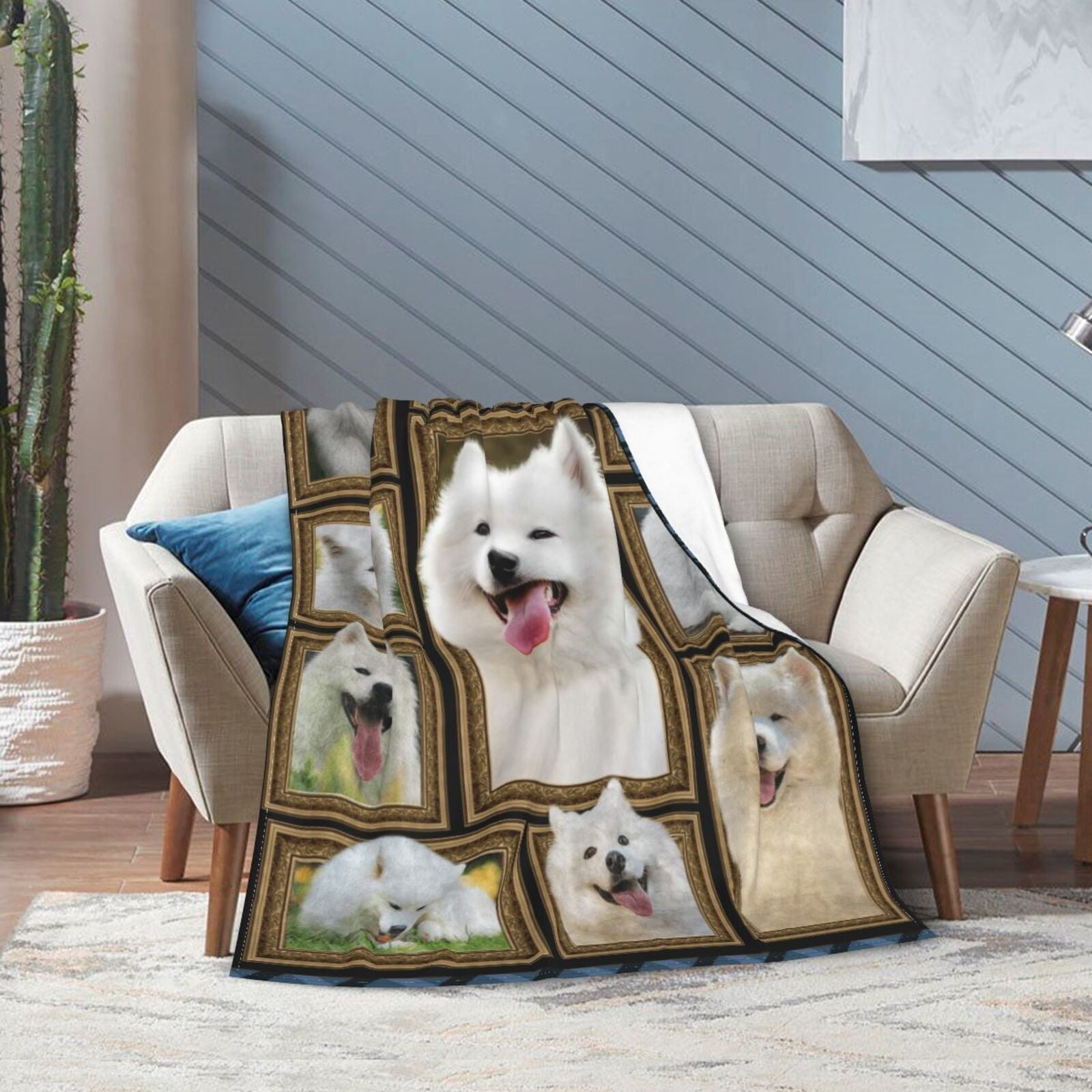 Wijzvio Samoyed Dog Throw Blanket Soft Fuzzy Fleece Blanket For Couch Bed Living Room Decoration 50"X40"