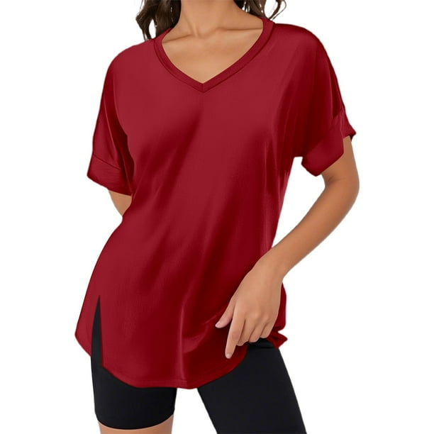 Camiseta de manga corta de color liso con cuello en V para mujer - Top de verano holgado - Poliéster spandex transpirable - Fácil de cuidar - Tallas S-XXL
