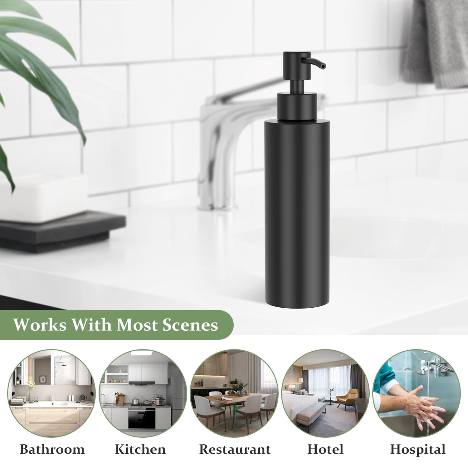 Matte Black Soap Dispenser Stainless Steel 11.8 OZ - Liquid Hand Lotion Dispenser Decor Refillable Dishwashing Soap Dispenser for Kitchen Bathroom Countertops