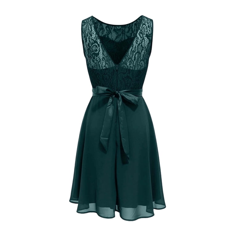 satin formal short dresses Xiaocha Women's Lace Overlay Mini Dress Band Flowy Dress, Size: Medium, Green Color  Royal Blue
