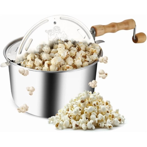 Stovetop Popcorn Maker - 6-Quart Aluminum Popcorn Popper with Hand Crank, Vented Lid, and Stir Paddle by (Silver)