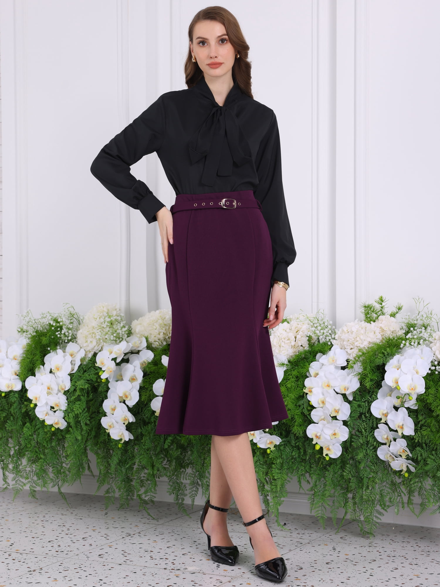 DARING DIVA Women Fishtail High Waist Belted Work Midi Mermaid Skirts L Purple