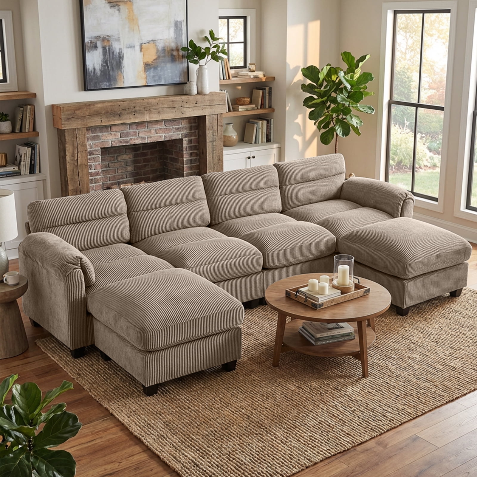 Bonzy Home Modular Sectional Sofa Couches for Living Room U-Shaped Sofa with Ottoman Brown