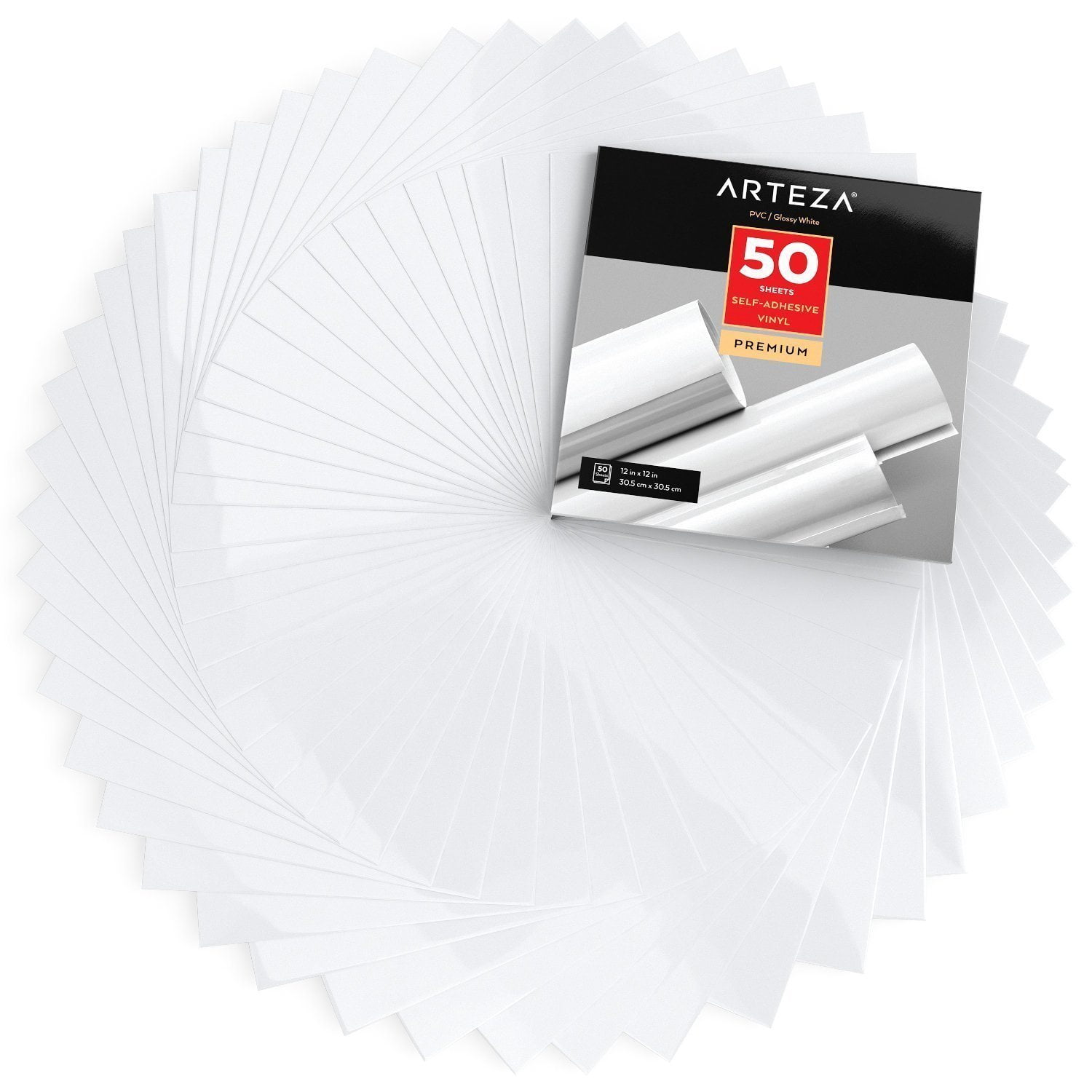 ARTEZA Self Adhesive Vinyl, Glossy White, 12" x 12" Sheets, Pack of 50