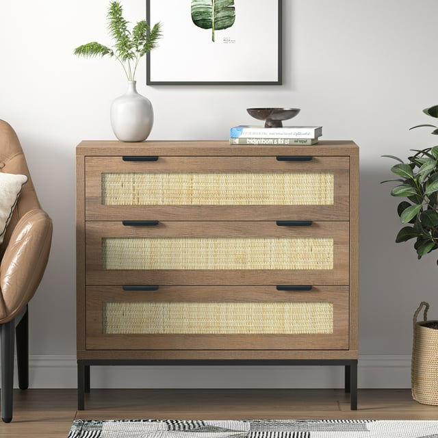 Eumyviv Commode à 3 Tiroirs, Commode à 3 Tiroirs Style Mi-Siècle en Rotin, Commode en Chêne pour Chambre et Salon, Chêne H0105