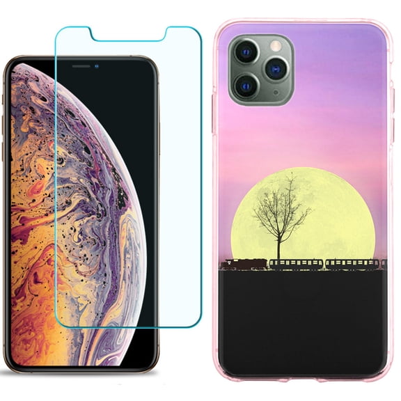 For Apple iPhone 11 PRO Case, Slim-Fit TPU Protective Phone Case (Pink Bezel) with Tempered Glass Screen Protector, by OneToughShield ® - Moonlight Train