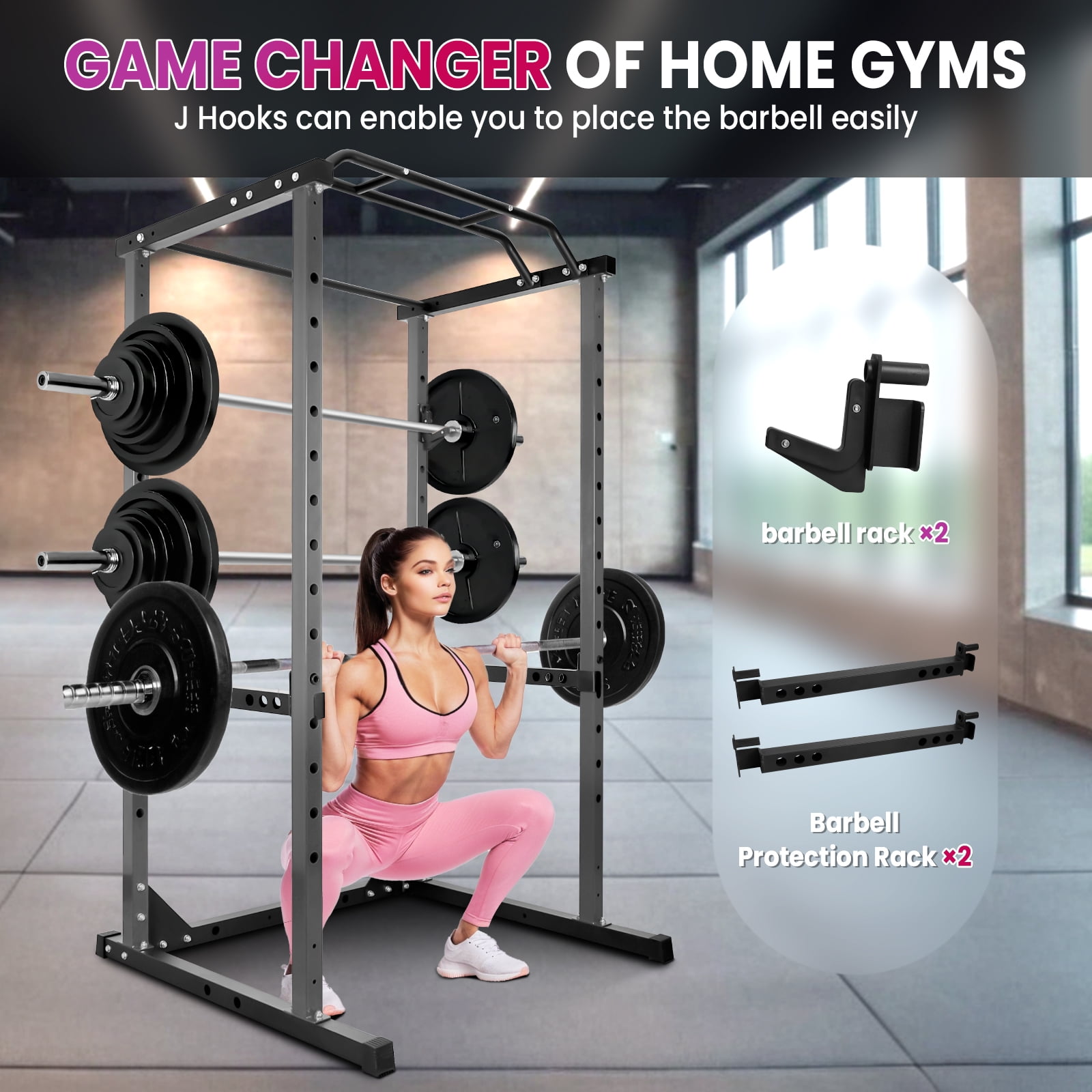 Squat Rack Power Cage, 1200LB Frame Power Rack, 2”x2”Square Multi - Function Home Gym Squat Rack with J-Hooks for Fitness Workouts