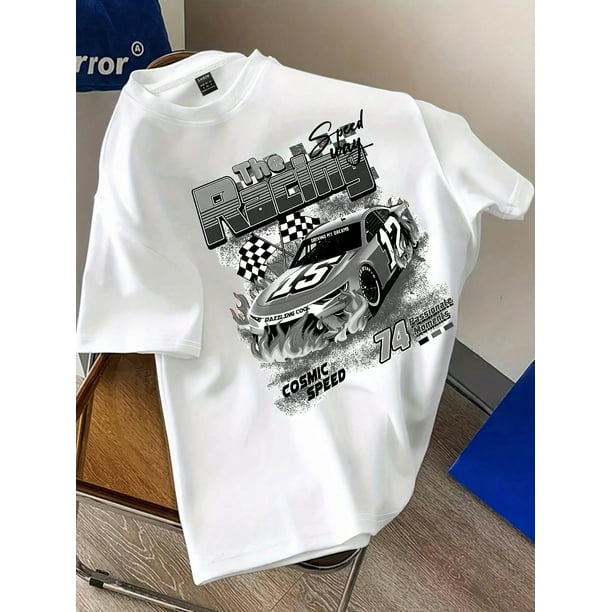 Women's Casual Street Style Race Car & Slogan Graphic Print Short Sleeve T-Shirt, Summer Graphic Tees Women Tops