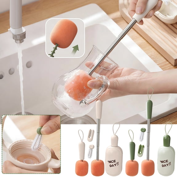Telescopic Bottle Brush Set for Travel, 3-in-1 Portable Cup Cleaner with Long Handle, Silicone Brushes for Water Bottles, Baby Bottles, and Insulated Cups, Compact Storage Box Included