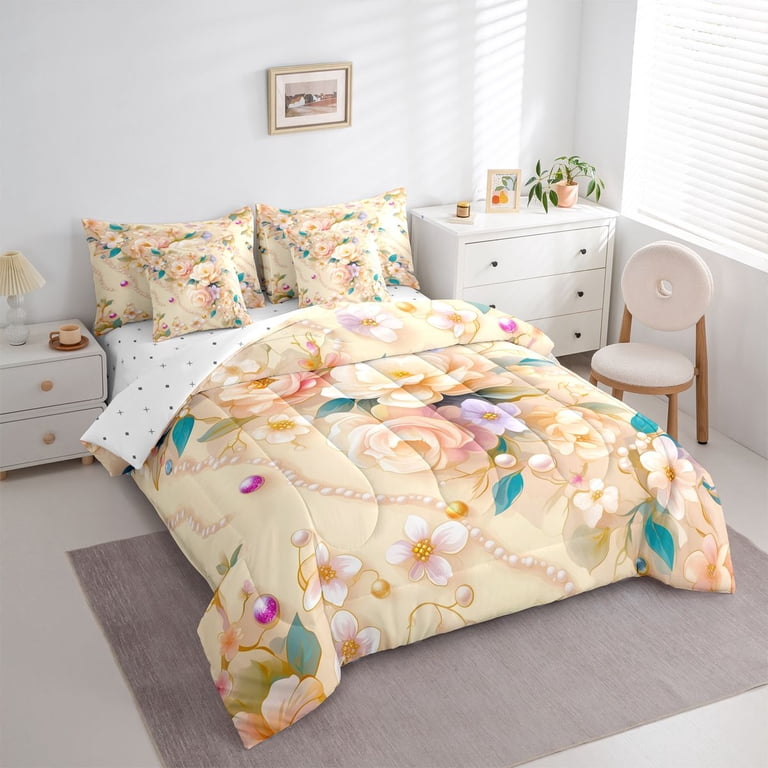 Homewish Orange Floral 7-Piece Twin Bedding Sets,Chic Pearl