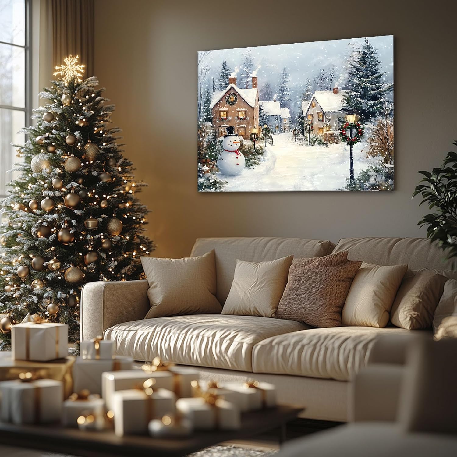 Christmas Canvas Wall Art Decor with Chimneys, Smoke, Street Lamps with Wreaths, Snowmen and Snow Piles, Festive Canvas Print for Room, Holiday-Themed Fixed Canvas for Winter Home Décor,11x14 inch