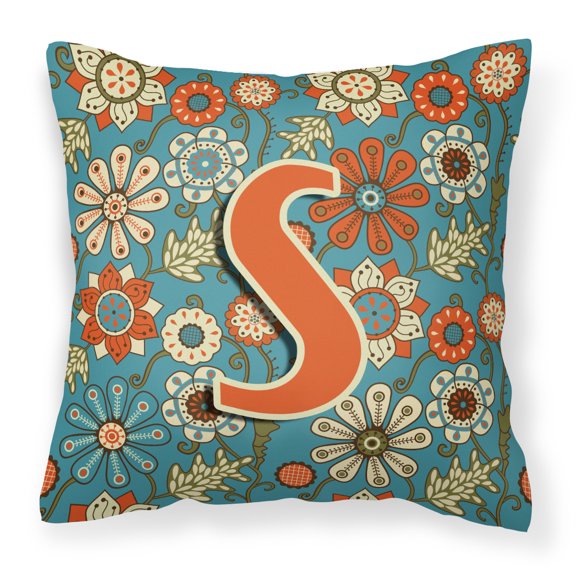 Carolines Treasures CJ2012-SPW1414 Letter S Flowers Retro Blue Canvas Fabric Decorative Pillow  14Hx14W multicolor