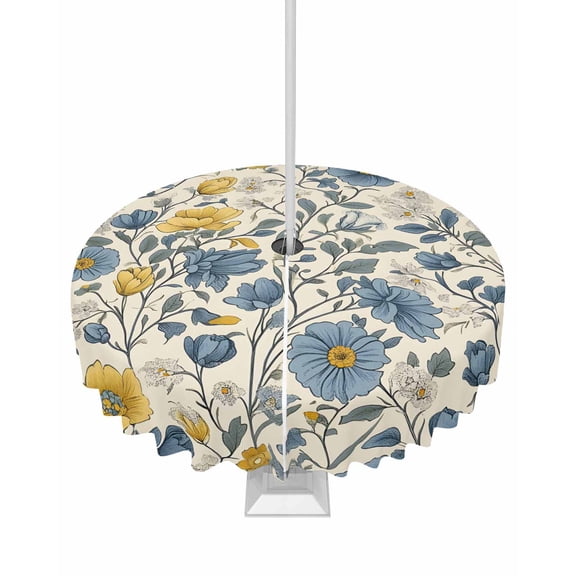 Hokiten Outdoor Tablecloths with Umbrella Hole & Zipper, Watercolor Wildflowers Round Tablecloths 60 Inch, Blue Yellow Spring Floral Waterproof Table Cloth, Patio/Pool/Picnic Table Covers