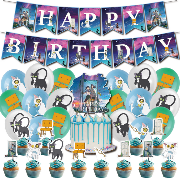 32 PCS For Suzume No Tojimari Birthday Party Decorations, With 1 Happy Birthday Banner Garland,18 Balloons,13 Cupcake Toppers for decorative supplies set