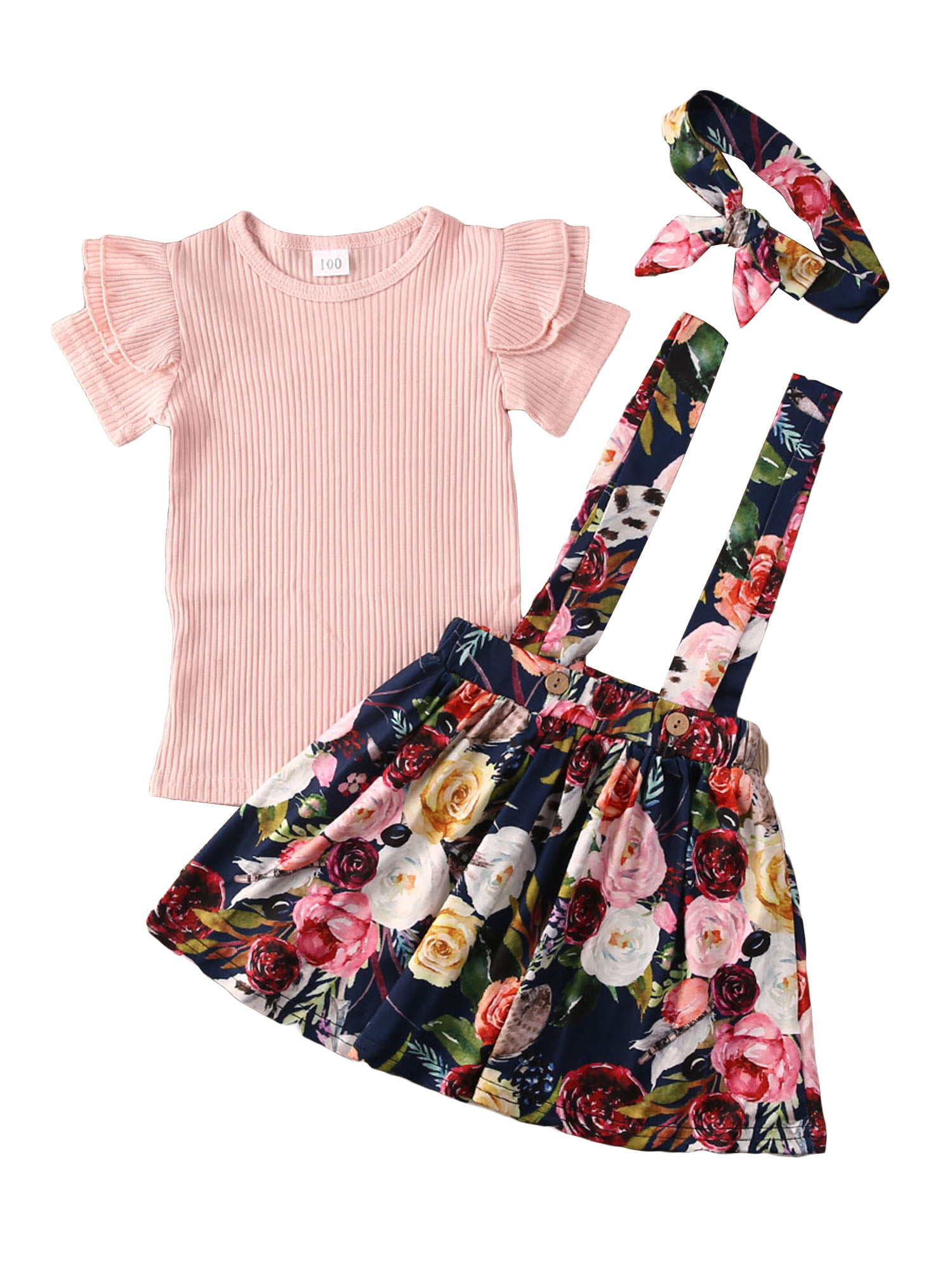 Toddler Baby Girls Summer Outfits Short Sleeve Ruffle Top Floral Suspender Skirt with Headband Outfits Sets 