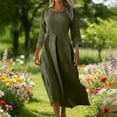 thumbnail image 2 of Kaemgyyd Beach Dresses for Women Solid Color Cotton Linen Midi Dresses Casual Loose Fit 3/4 Sleeve Crew Neck A-Line Dresses, 2 of 7