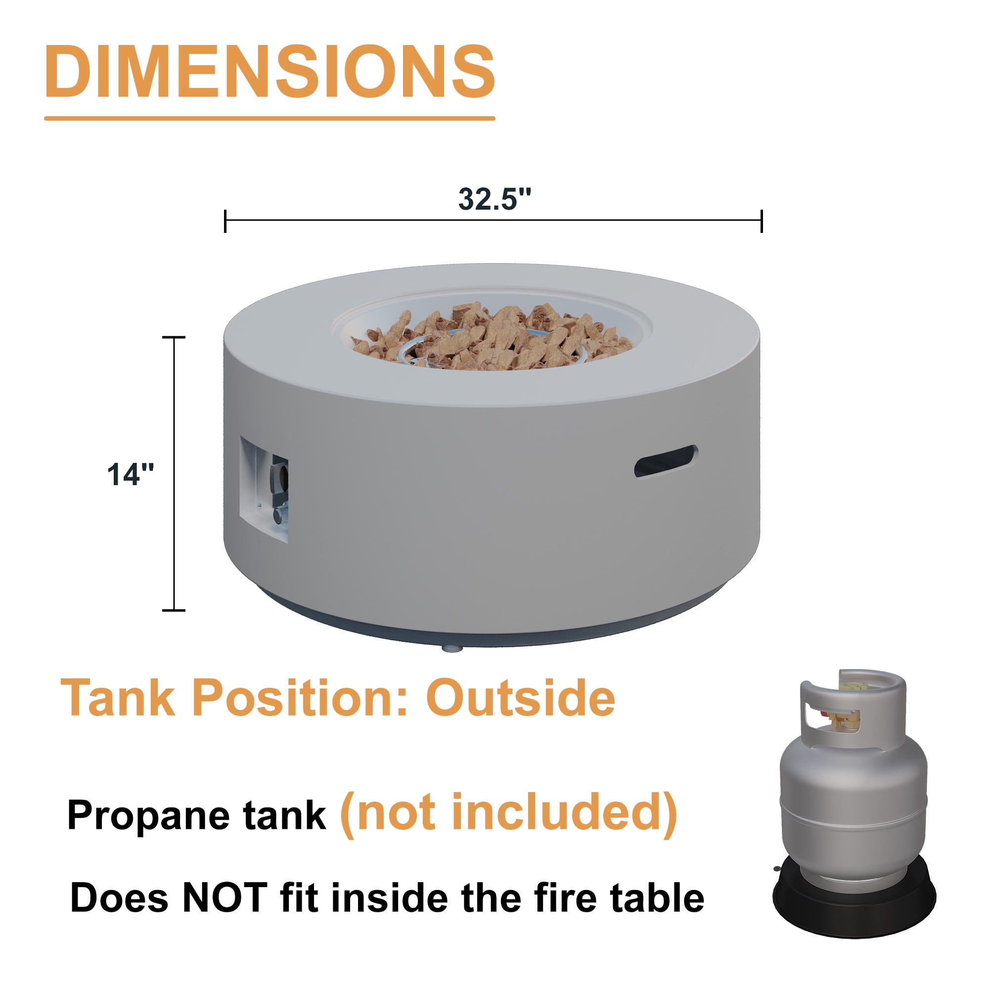 HongTaoK 32.5" Round Propane Fire Pit Portable Gray 50K BTU Outdoor with Lava Rocks, Preservative, White