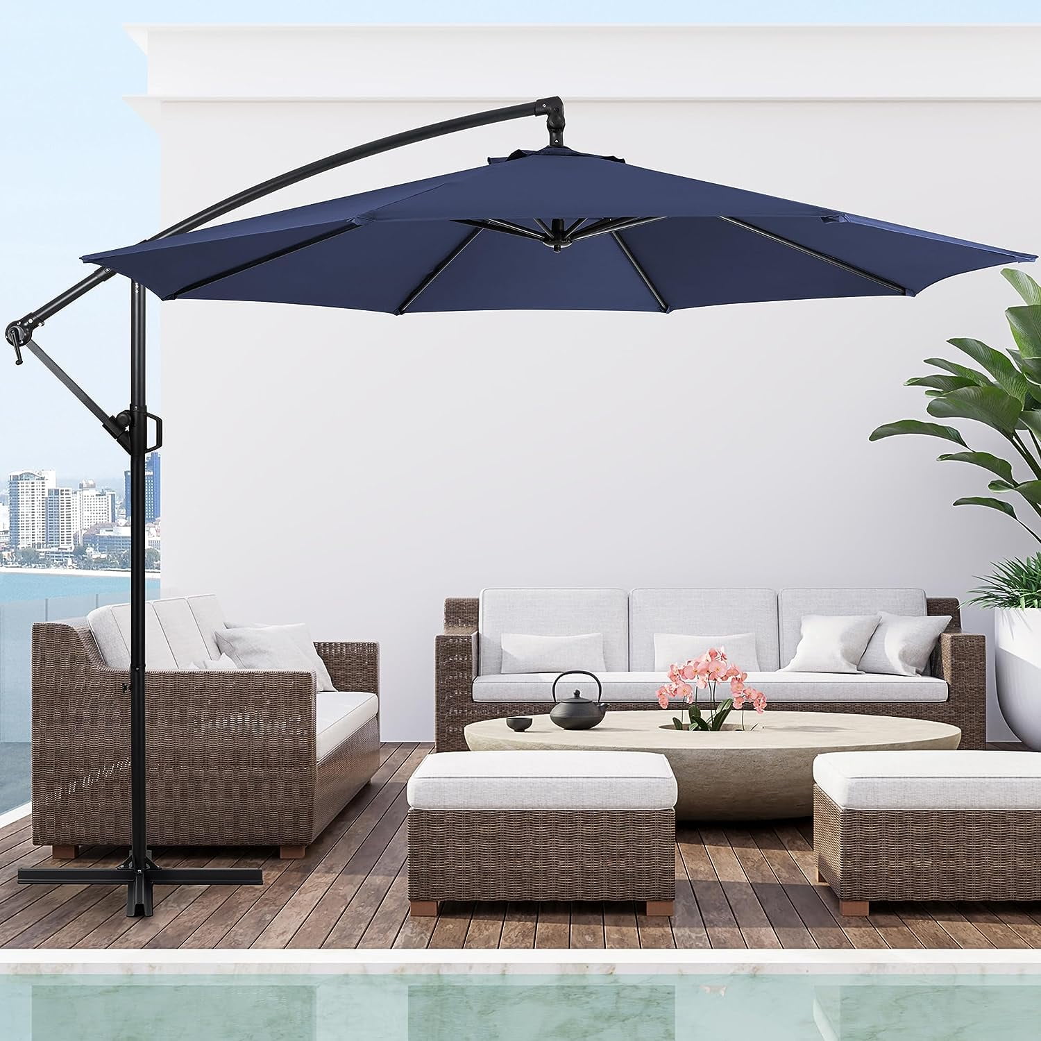 Sobaniilo Patio Offset Umbrella w/Easy Tilt Adjustment, Crank and Cross Base, Outdoor Cantilever Hanging Umbrella with 8 Ribs, 95% UV protection and Waterproof Canopy, Navy Blue