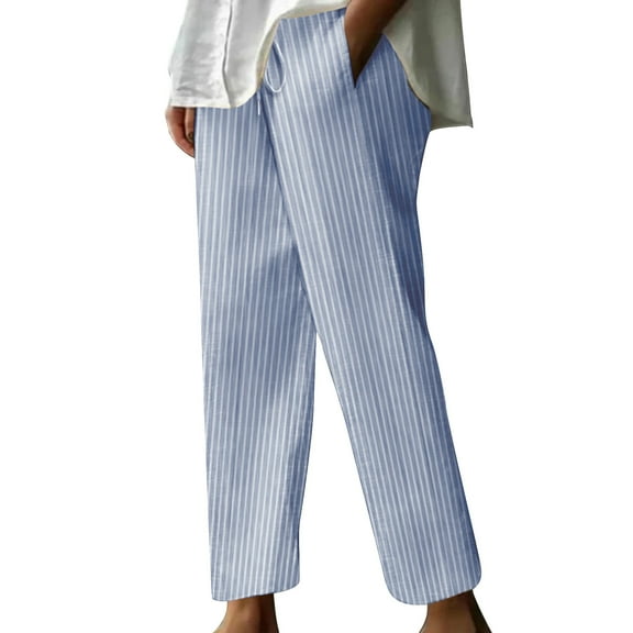 leijia Cotton Linen Striped Wide-Legged Pants Women Thin Casual Straight Pants Summer Drawstring Elastic High Waist Pant Pockets Trouser