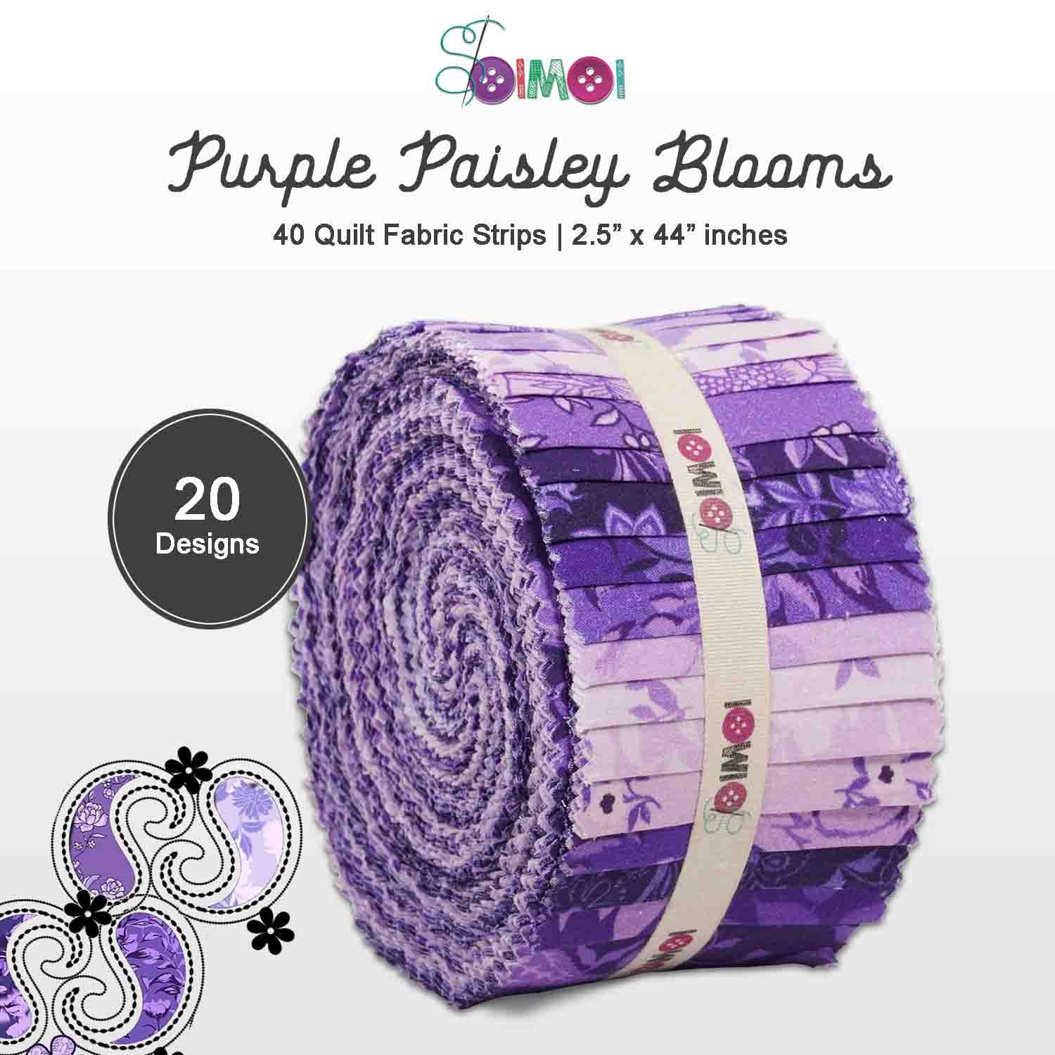 Jelly Roll 40 Strip Assorted Bundle, 2.5" Fabric Strips for Quilting, Crafting and Sewing, 100% Cotton Fabric Jelly Roll for Scrapbooking, Precut Quilt Projects, DIY Crafts - Purple Paisley Blooms