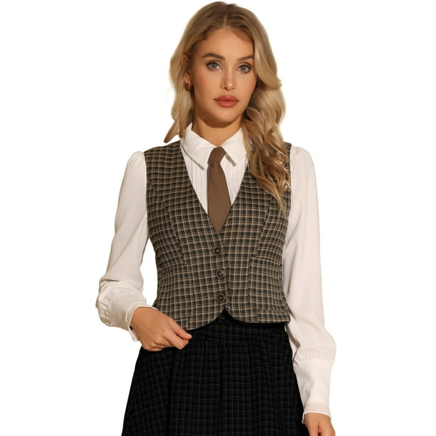 Chaleco a cuadros vintage para mujer con cuello en V y un solo pecho sin mangas con espalda cruzada marrón S