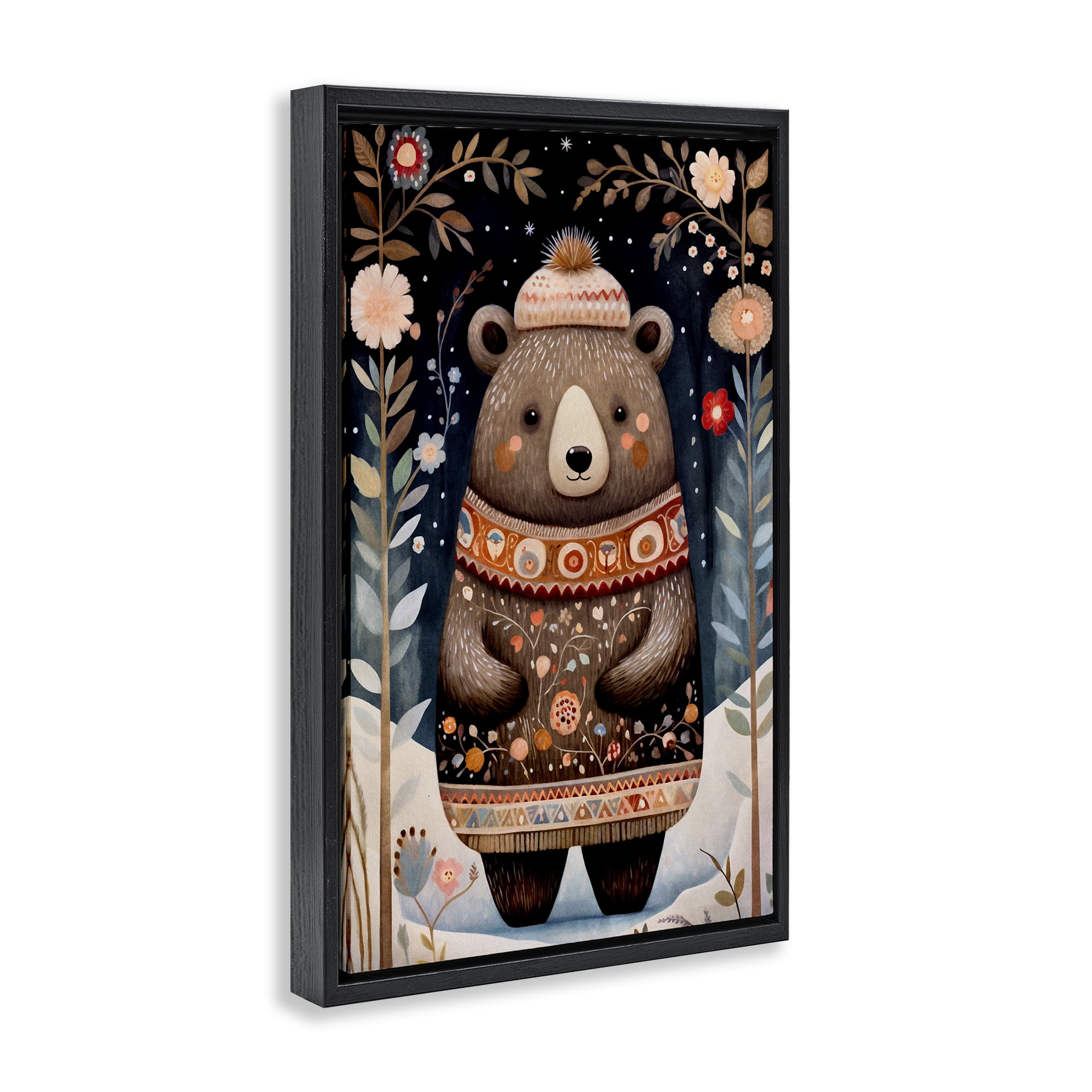Stupell Industries Winter Woodland Bear Animals & Insects Painting Black Floater Framed Art Print Wall Art, 21 x 31
