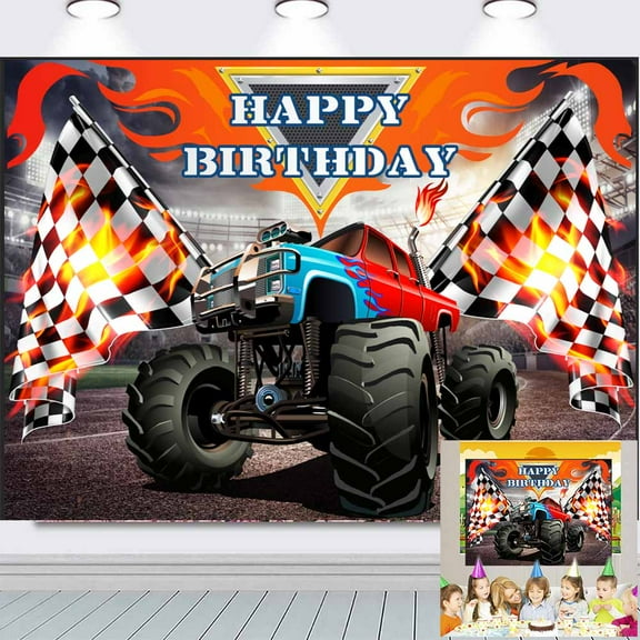 Monster Truck Party Supplies Backdrop Banner Party Supplies Kids Birthday Background for Photography Kids Birthday Decorations 7X5Ft
