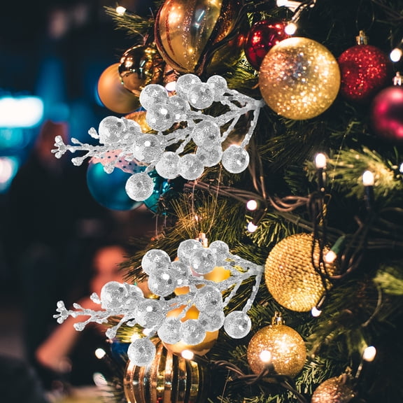 BESTYASH 10Pcs Plated Silver Artificial Berry Sprays with Glitter for Christmas Party Decoration