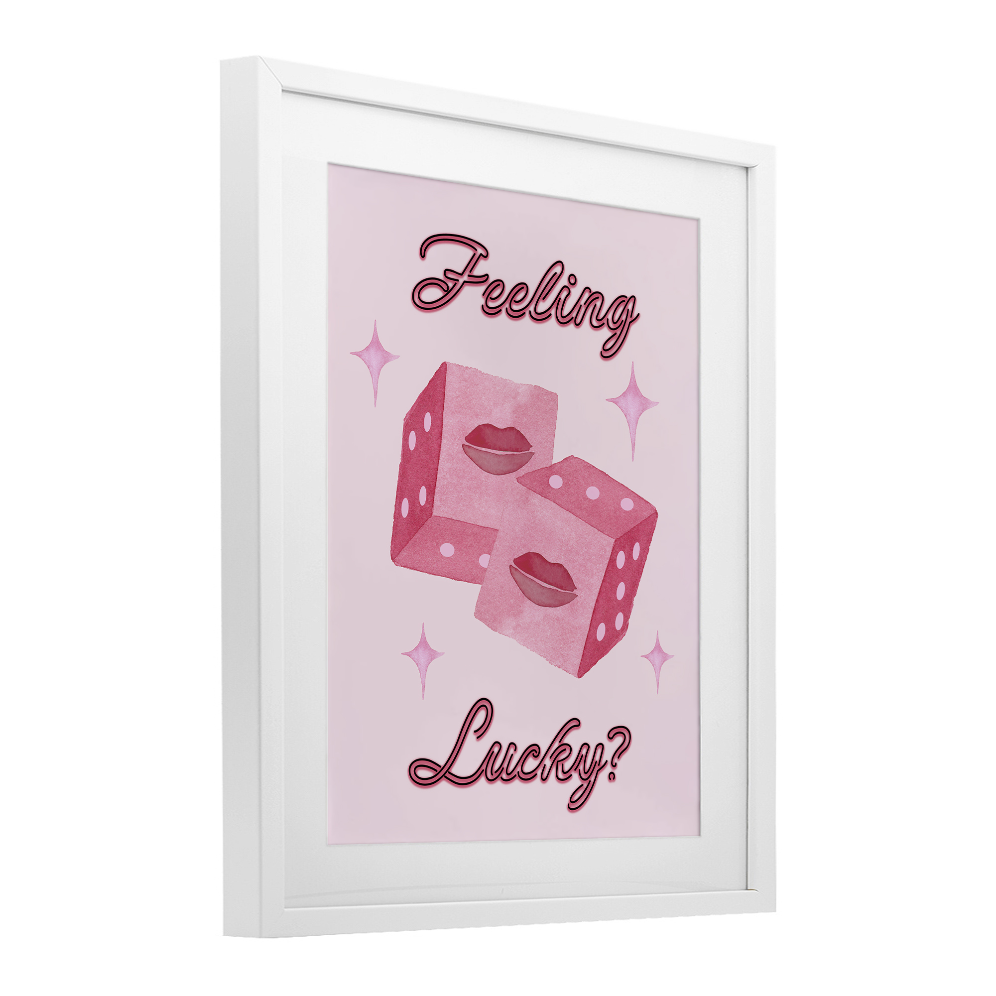 Feeling Lucky? Dice White Framed Print Under Glass, design by Nina Jacobs