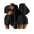 thumbnail image 4 of Mujeres Verano 2 Piezas Ropa Conjuntos Color Sólido Turn-Down Cuello Camisas de manga larga y pantalones cortos de cintura elástica Playa Conjunto de vacaciones Nituyy Conjunto de camisa de color sólido, 4 of 5
