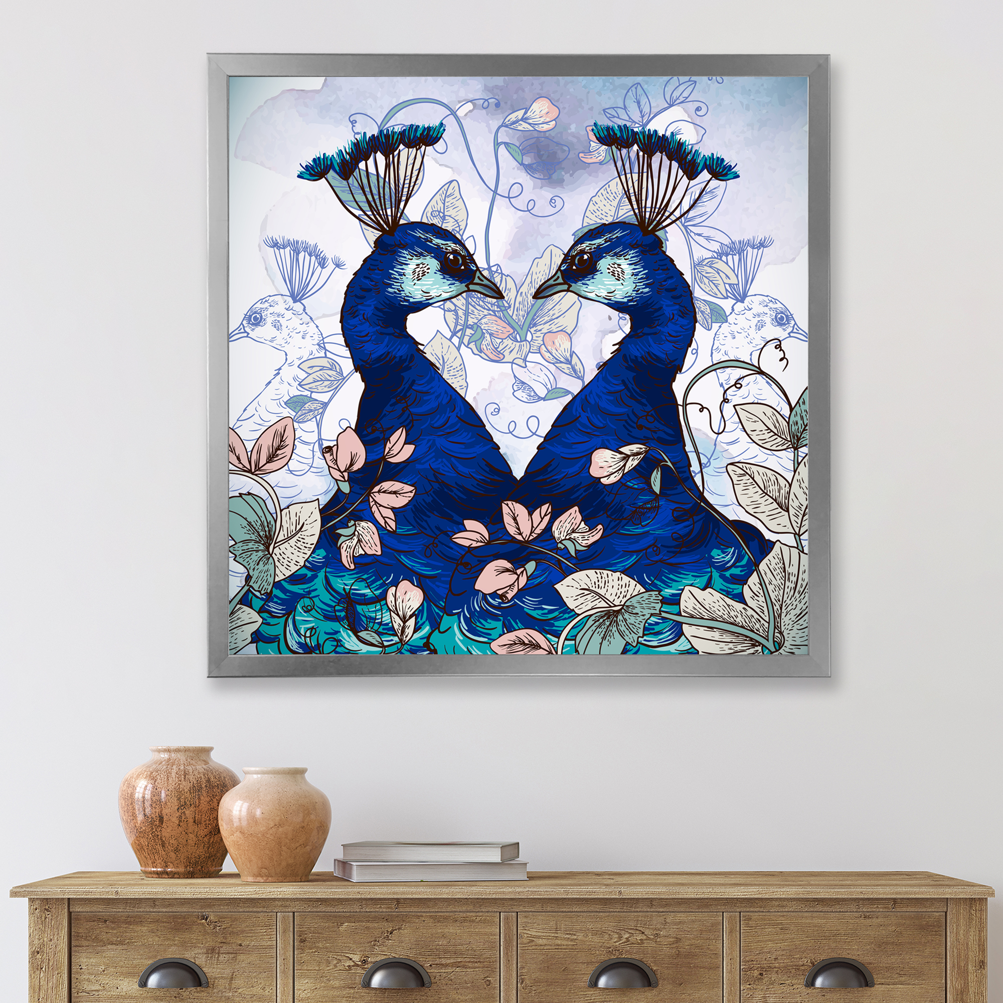 Designart 'Wildflowers With Two Blue Peacocks' Traditional Framed Art Print