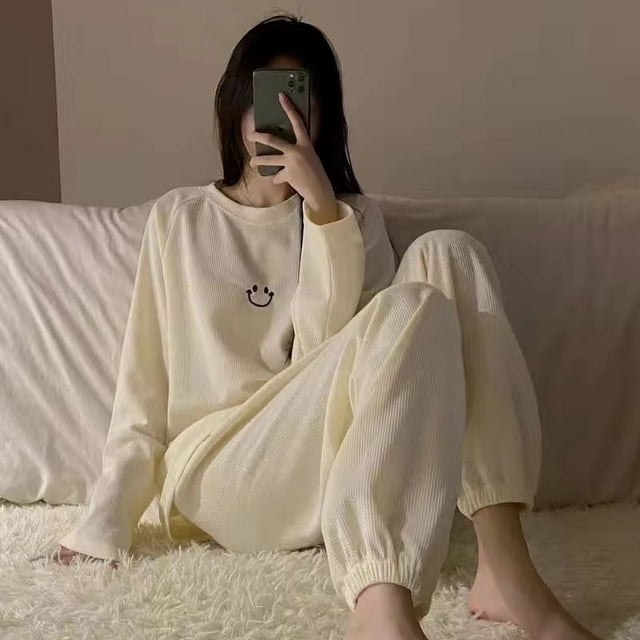 Pijama de manga larga con estampado de gofres para primavera, otoño e invierno, para mujer, con cara sonriente, cuello redondo, holgado, para el hogar