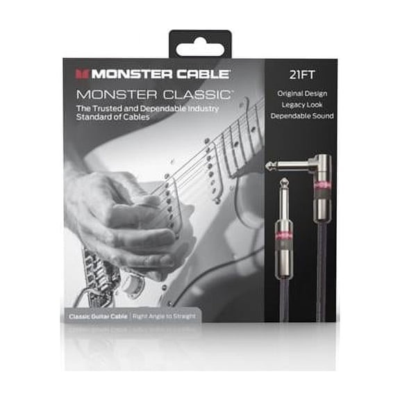 Monster Cable Prolink Classic 21ft Audio Instrument Cable, Right Angle to Straight, Black, Durable PVC Construction