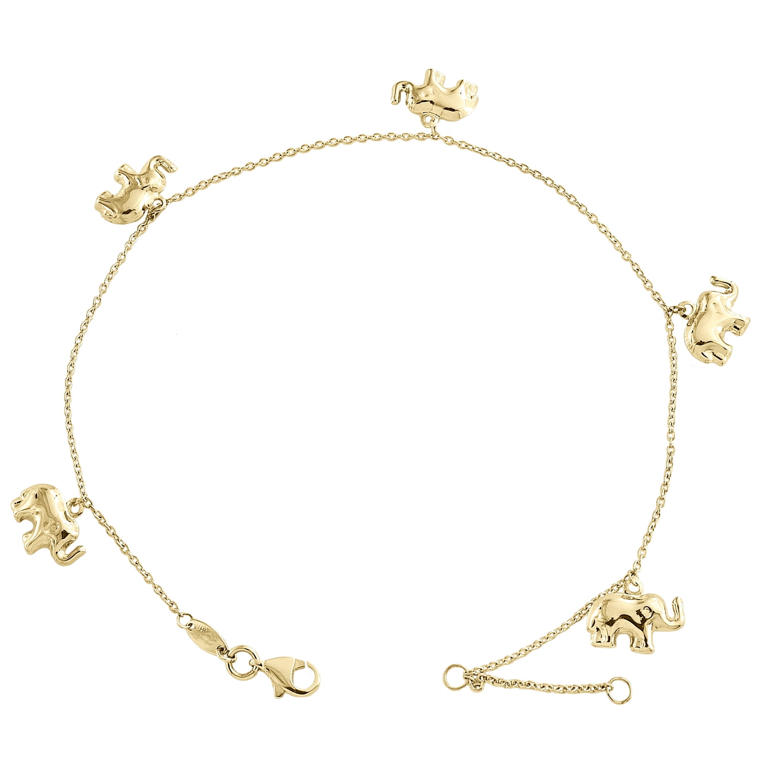14K Yellow Gold Fancy Link Chain Statement 10mm Elephant Charm Anklet 9"+ 1" Ext
