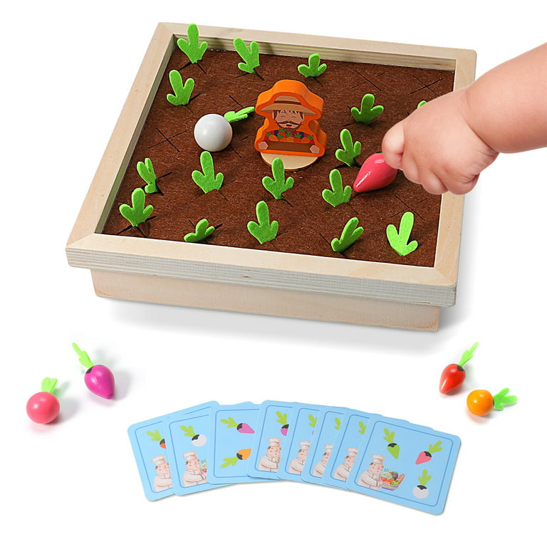 Montessori Toys - Wooden Fun Carrots Harvest Toy Memory Games for Kids Boys  and Girls Orchard STEM Toy Car for Shape Color Sorting & Counting Puzzle