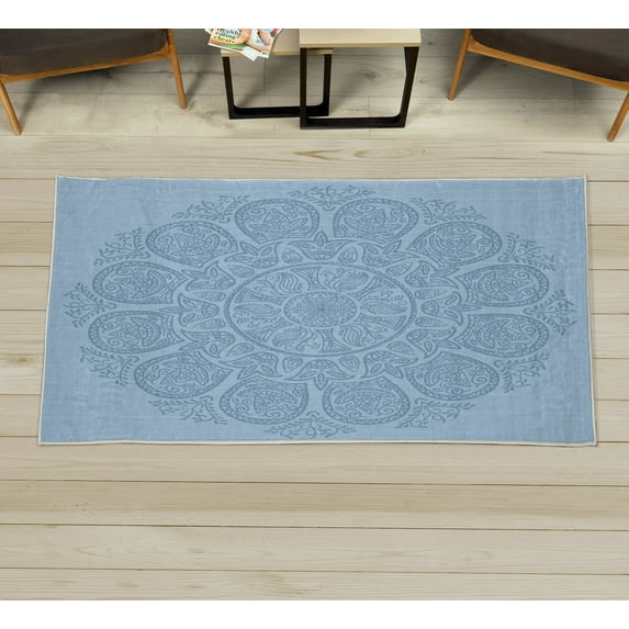 Oriental Decorative Rug, Abstract Round Mandala Designed with Flower Leaves and Stems Elements, Quality Carpet for Bedroom Dorm and Living Room, 6 Sizes, Pale Blue, by Ambesonne